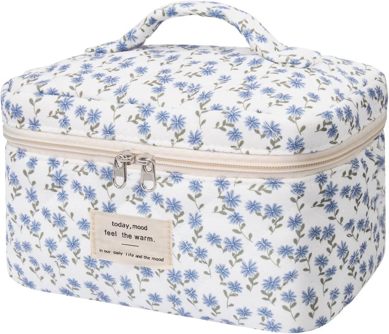 Gosect Large Makeup Bag, Cute Cosmetic Bag for Women Girls, Floral Coquette Aesthetic Toiletry Bag, Travel Make Up Organizer Bag (Blue Peacock Flower) - Image 1